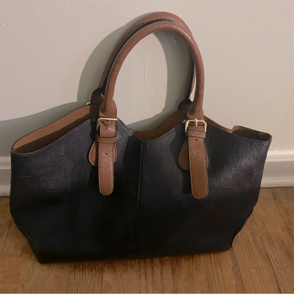 Black and cognac leather satchel with matching wristlet/coin purse